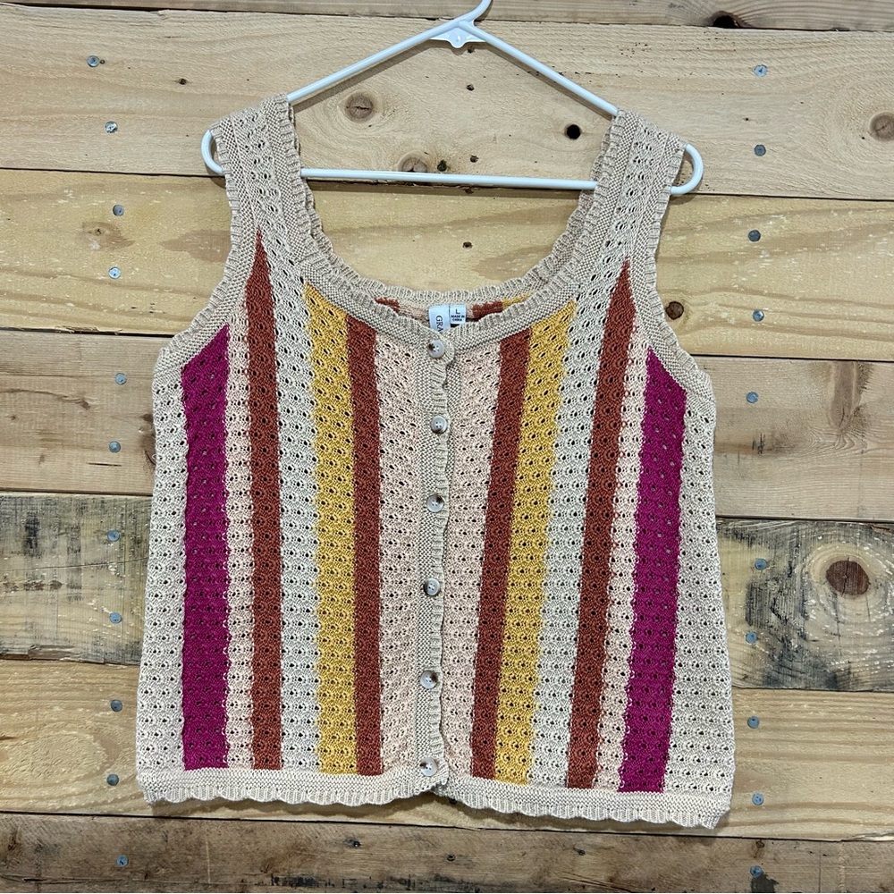 Grace+Karma Sweater Vest LG Striped Crochet Colorful Cottagecore Academia 90s